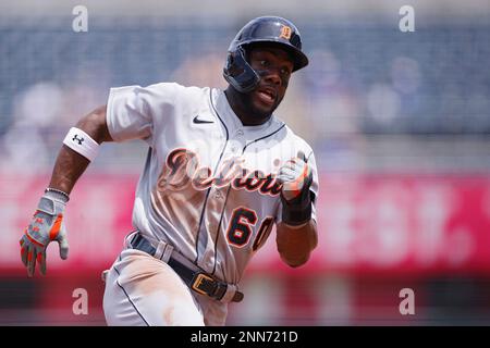 KANSAS CITY, MO - JULY 20: Detroit Tigers left fielder Akil Baddoo (60) as  seen during a MLB game between the Detroit Tigers and the Kansas City  Royals on July 20, 2023