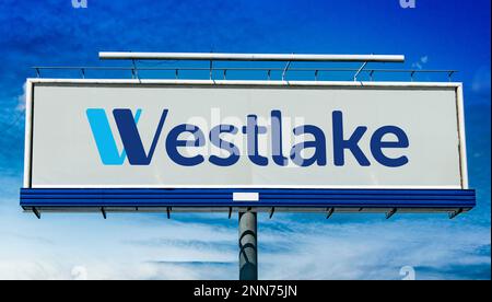 POZNAN, POL - JAN 11, 2023: Advertisement billboard displaying logo of Westlake Corporation, an international manufacturer and supplier of petrochemic Stock Photo