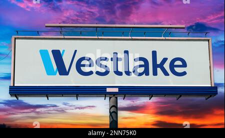 POZNAN, POL - JAN 11, 2023: Advertisement billboard displaying logo of Westlake Corporation, an international manufacturer and supplier of petrochemic Stock Photo