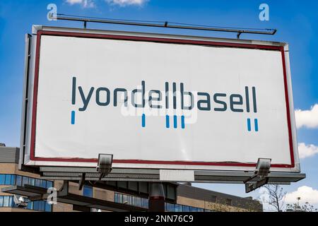 POZNAN, POL - JAN 11, 2023: Advertisement billboard displaying logo of LyondellBasell Industries, chemical company incorporated in the Netherlands Stock Photo