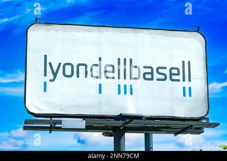 POZNAN, POL - JAN 11, 2023: Advertisement billboard displaying logo of LyondellBasell Industries, chemical company incorporated in the Netherlands Stock Photo