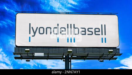 POZNAN, POL - JAN 11, 2023: Advertisement billboard displaying logo of LyondellBasell Industries, chemical company incorporated in the Netherlands Stock Photo