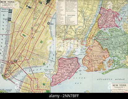 Plan of New York, c1922. A 1920s plan of New York highlighting the major hotels, buildings and theatres of the time. Stock Photo