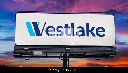 POZNAN, POL - JAN 11, 2023: Advertisement billboard displaying logo of Westlake Corporation, an international manufacturer and supplier of petrochemic Stock Photo