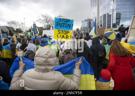 Brussels, Belgium. 25th Feb, 2023. Illustration picture shows a national demonstration in solidarity with Ukraine as yesterday marked exactly one year since Russia's invasion of Ukraine, Saturday 25 February 2023, in Brussels. The demonstration in Brussels opposes the war, demands peace in Ukraine and calls for the immediate withdrawal of all Russian troops. The demonstration in Brussels is part of a global week of actions BELGA PHOTO NICOLAS MAETERLINCK Credit: Belga News Agency/Alamy Live News Stock Photo