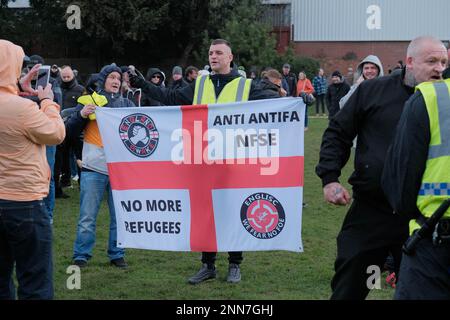 Tower Gardens, Skegness UK, 25th Feb 2023. Protesters march from the railway station to Tower Gardens demonstrating against the amount of asylum seekers being housed in five hotels in the seaside resort. Credit: Mark Lear / Alamy Live News Stock Photo