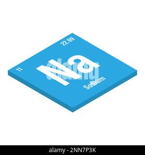 Sodium, Na, periodic table element with name, symbol, atomic number and weight. Alkali metal with various industrial uses, such as in soap, certain types of glass, and as a medication for certain medical conditions. Stock Vector