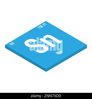 Tin, Sn, periodic table element with name, symbol, atomic number and weight. Post-transition metal with various industrial uses, such as in certain types of alloys, and as a component in certain types of electronic devices. Stock Vector
