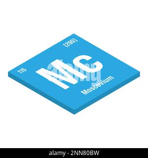 Moscovium, Mc, periodic table element with name, symbol, atomic number and weight. Synthetic element with very short half-life, created through nuclear reactions in a laboratory. Stock Vector