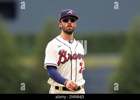 ATLANTA, GA - JUNE 17: Atlanta Braves Shortstop Dansby Swanson (7) looks on  during the Father's Day MLB game between the Atlanta Braves and the San  Diego Padres on June 17, 2018