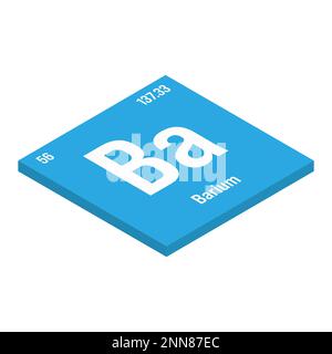 Barium, Ba, periodic table element with name, symbol, atomic number and weight. Alkaline earth metal with limited industrial uses, but commonly used in medical imaging and as a component of drilling fluids. Stock Vector