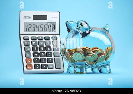 Piggy bank with coins and calculator. Savings, investment and accounting business concept.   3d illustration Stock Photo