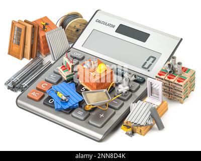 Building and  construction materials and tool on calculator. Calculating costs of construction and renovation concept. 3d illustration Stock Photo