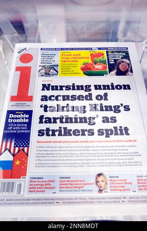 'Nursing union accused of 'taking King's farthing' as strikers split' i newspaper headline front page NHS article 23 February 2023 London England UK Stock Photo