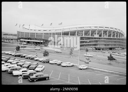 Exterior view of the District of Columbia Stadium - Robert F. Kennedy Memorial Stadium - with cars in the parking lots, Washington, DC, 7/29/1963. (Photo by Marion S Trikosko/US News and World Report Collection Stock Photo