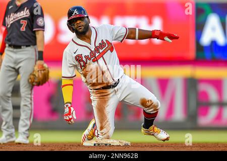 ATLANTA, GA – JUNE 27: Atlanta right fielder Ronald Acuna Jr. (13) reacts  after hitting a home run during the MLB game between the Minnesota Twins  and the Atlanta Braves on June