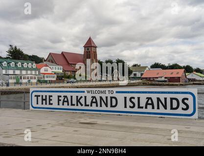 Port Stanley, Falkland Islands - 31 January 2023: Welcome to Falkland Islands sign on port pier Stock Photo