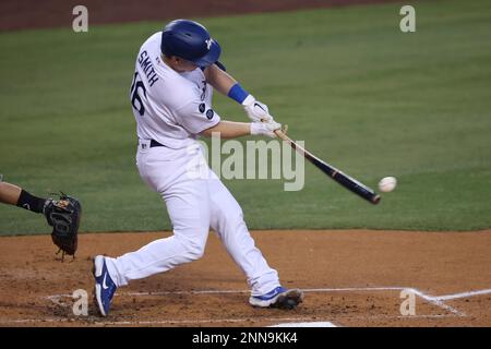 July 23, 2021: Los Angeles Dodgers first baseman Matt Beaty (45) looks at  fans from the dugout during the game between the Colorado Rockies and the  Los Angeles Dodgers at Dodger Stadium