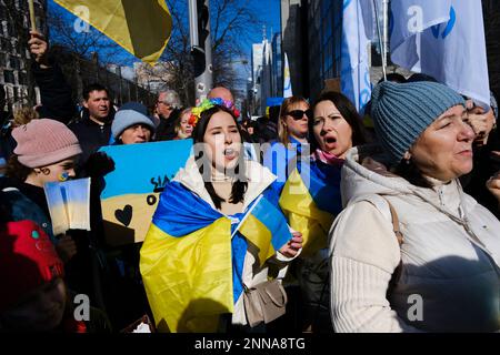 Brussels, Belgium. 25th Feb, 2023. Several thousand people take part in a demonstration for the first anniversary of the Russian invasion in Brussels, Belgium on Feb. 25, 2023. Credit: ALEXANDROS MICHAILIDIS/Alamy Live News Stock Photo