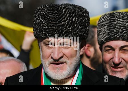 Brussels, Belgium. 25th Feb, 2023. Akhmed Zakayev, Prime Minister of the Chechen Republic of Ichkeria government-in-exile during a demonstration for the first anniversary of the Russian invasion in Brussels, Belgium on Feb. 25, 2023. Credit: ALEXANDROS MICHAILIDIS/Alamy Live News Stock Photo