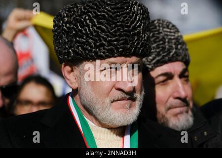 Brussels, Belgium. 25th Feb, 2023. Akhmed Zakayev, Prime Minister of the Chechen Republic of Ichkeria government-in-exile during a demonstration for the first anniversary of the Russian invasion in Brussels, Belgium on Feb. 25, 2023. Credit: ALEXANDROS MICHAILIDIS/Alamy Live News Stock Photo