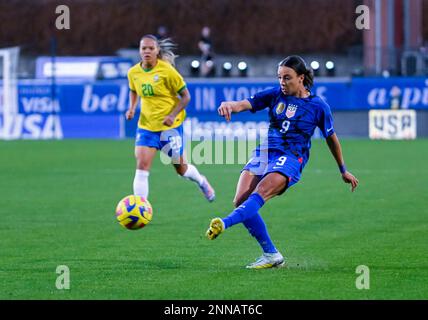 U.S. 22nd Feb, 2023. Women's National Team Mallory Swanson (9) in game action during the SheBelieves Cup soccer game between the U.S. Women's National Team and Brazil Women's National Team at Toyota Stadium in Frisco, Texas, USA defeated Brazil 2-1 Albert Pena/CSM/Alamy Live News Stock Photo