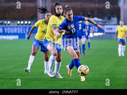 U.S. 22nd Feb, 2023. Women's National Team forward Alex Morgan (13) in action during the SheBelieves Cup soccer game between the U.S. Women's National Team and Brazil Women's National Team at Toyota Stadium in Frisco, Texas, USA defeated Brazil 2-1 Albert Pena/CSM/Alamy Live News Stock Photo