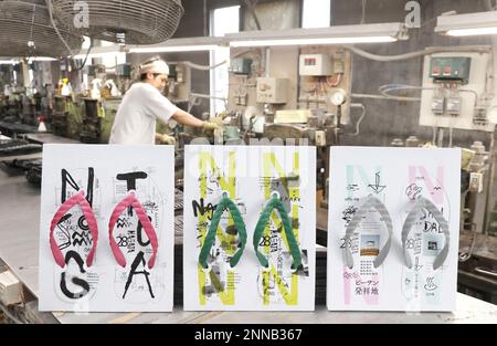 Beach sandals are displayed at a shoe factory in Nagata Ward, Kobe, Hyogo  Prefecture on May 20, 2021. Nagata, known as a world birthplace of beach  sandals originated in 1950. Ngagata used