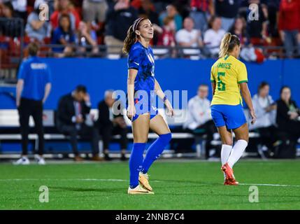 U.S. 22nd Feb, 2023. Women's National Team forward Alex Morgan (13) in action during the SheBelieves Cup soccer game between the U.S. Women's National Team and Brazil Women's National Team at Toyota Stadium in Frisco, Texas, USA defeated Brazil 2-1 Albert Pena/CSM/Alamy Live News Stock Photo