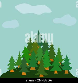 Vector image of evergreen forest with fir and pine trees on the peak under skies Stock Vector