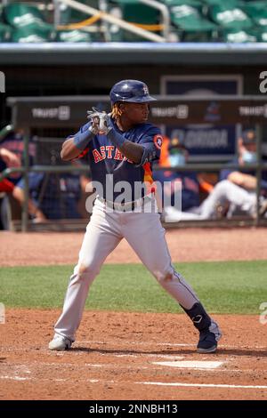 Houston Astros Freudis Nova (84) bats during a Major League Spring Training  game against the St. Louis Cardinals on March 20, 2021 at Roger Dean  Stadium in Jupiter, Florida. (Mike Janes/Four Seam