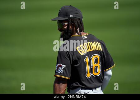 Pittsburgh Pirates Brian Goodwin (18) during warmups before a