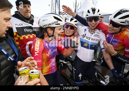 Belgian Lotte Kopecky of SD Worx celebrates with the team after