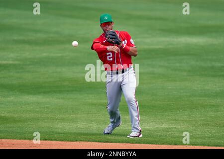 WASHINGTON, DC - September 13: Washington Nationals shortstop CJ Abrams (5)  catches a pop up in front of second baseman Luis Garcia (2) during the  Baltimore Orioles versus the Washington Nationals on