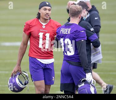 Minnesota Vikings rookies, including quarterback Kellen Mond, front right,  practice during NFL football rookie minicamp Friday, May 14, 2021, in  Eagan, Minn. (Elizabeth Flores/Star Tribune via AP Stock Photo - Alamy