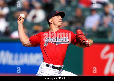 CLEVELAND, OH - APRIL 24: James Karinchak (99) of the Cleveland Indians  reacts before pitching in the ninth inning of a game against the New York  Yank Stock Photo - Alamy