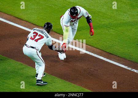 ATLANTA, GA - MAY 11: Coach Ron Washington during the National Anthem  during the Tuesday night MLB game between the Toronto Blue Jays and the  Atlanta Braves on May 11, 2021 at