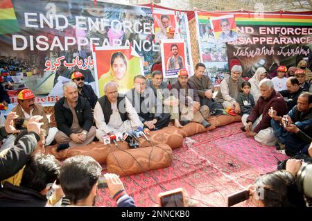 Balochistan National Party (BNP) Central Leader, Malik Abdul Wali Kakar along with others addressing a press conference during protest demonstration for recovery baloch missing persons, at a camp outside Quetta press club on Saturday, February 25, 2023. Stock Photo