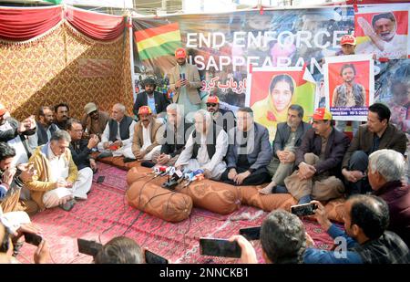 Balochistan National Party (BNP) Central Leader, Malik Abdul Wali Kakar along with others addressing a press conference during protest demonstration for recovery baloch missing persons, at a camp outside Quetta press club on Saturday, February 25, 2023. Stock Photo