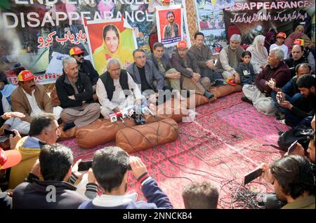 Balochistan National Party (BNP) Central Leader, Malik Abdul Wali Kakar along with others addressing a press conference during protest demonstration for recovery baloch missing persons, at a camp outside Quetta press club on Saturday, February 25, 2023. Stock Photo