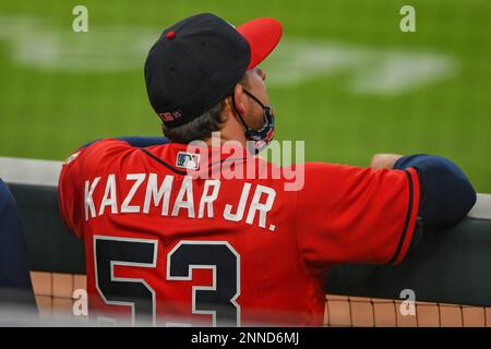 ATLANTA, GA – MAY 07: Atlanta shortstop Sean Kazmar Jr. (53) in the dugout  during the MLB game between the Philadelphia Phillies and the Atlanta  Braves on May 7th, 2021 at Truist