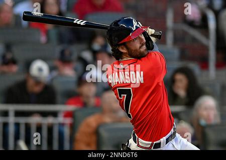 ATLANTA, GA – MAY 07: Atlanta shortstop Sean Kazmar Jr. (53) in the dugout  during the MLB game between the Philadelphia Phillies and the Atlanta  Braves on May 7th, 2021 at Truist