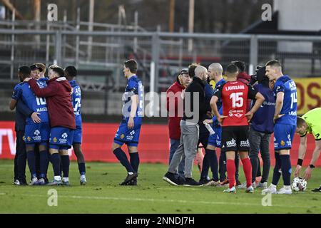 Mechelen's players celebrate after winning a soccer match between RFC Seraing and KV Mechelen, Saturday 25 February 2023 in Seraing, on day 27 of the 2022-2023 'Jupiler Pro League' first division of the Belgian championship. BELGA PHOTO JOHAN EYCKENS Stock Photo