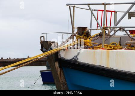 Fishing Trawler Bow Bollard With Secured Ropes Stock Photo