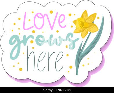 Love grows here. sticker with cute lettering and hyacinth. spring flowers hyacinth. Cute spring sticker for the planner Stock Vector