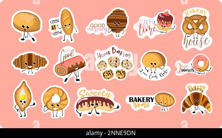 Collection of stickers with cute funny phrases about the bakery. bakery. Cute cartoon character in different poses. bread, loaf, cookies and other Stock Vector