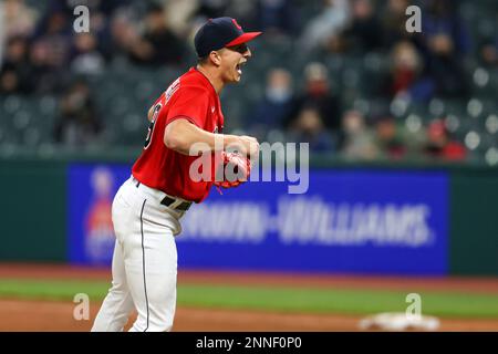 CLEVELAND, OH - APRIL 24: James Karinchak (99) of the Cleveland Indians  reacts before pitching in the ninth inning of a game against the New York  Yank Stock Photo - Alamy