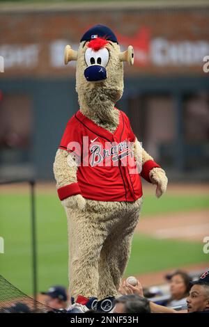 CUMBERLAND, GA - APRIL 23: Braves mascot Blooper entains the fans