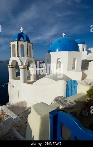 Greek church rooftop overlooking the Aegean Sea; Santorini, Greece ...