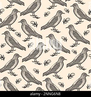 Engraving hand drawn birds sketch pattern. Black starlings on background. Vector fauna illustration. Stock Vector